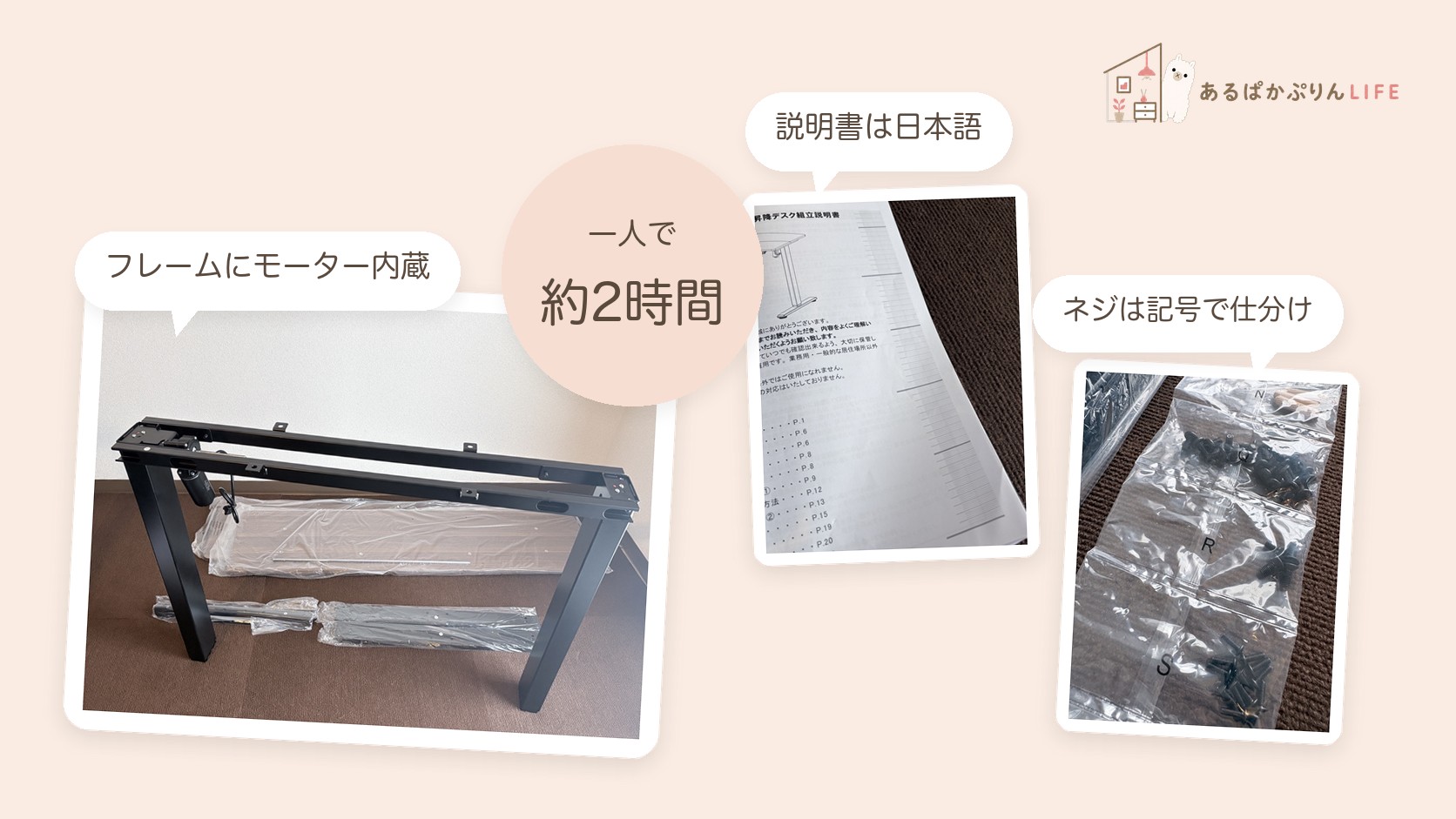 タンスのゲンの電動昇降デスクの組み立て。フレーム・日本語説明書・ネジの仕分け、一人で約2時間