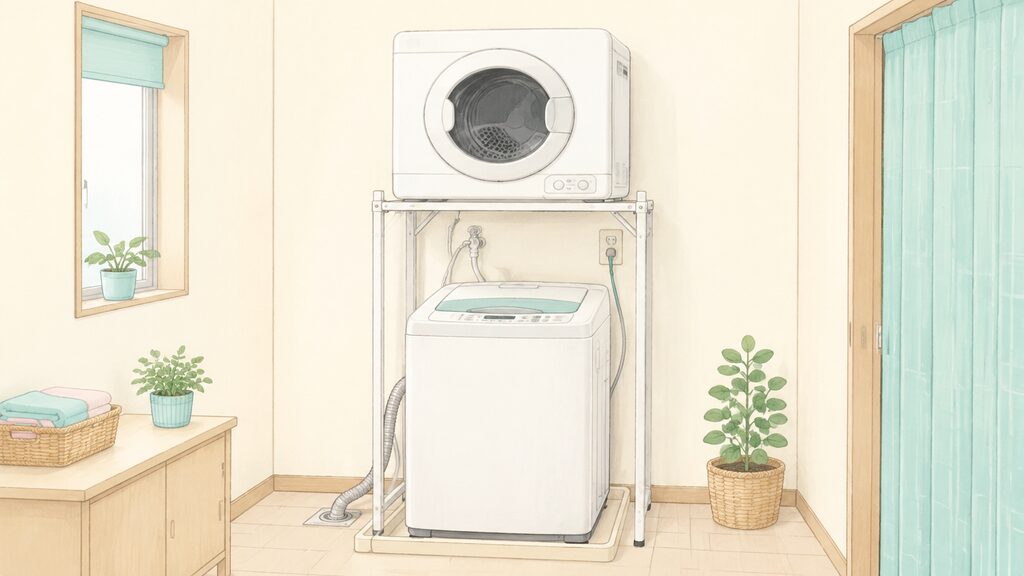 縦型洗濯機の上に専用台で乾燥機をのせた設置イメージ