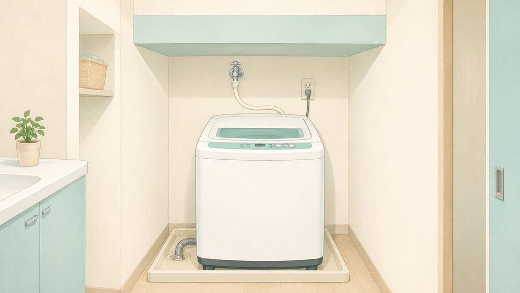 蛇口と梁がある一人暮らしの洗濯機置き場
